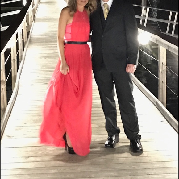 ABS coral Sheer Gown with Pleated Skirt - Picture 6 of 6